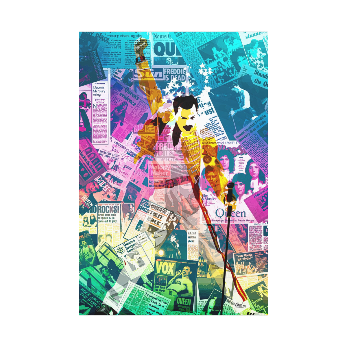 The Showman canvas print, front view: figure in a yellow jacket, fist raised, over newspaper collage