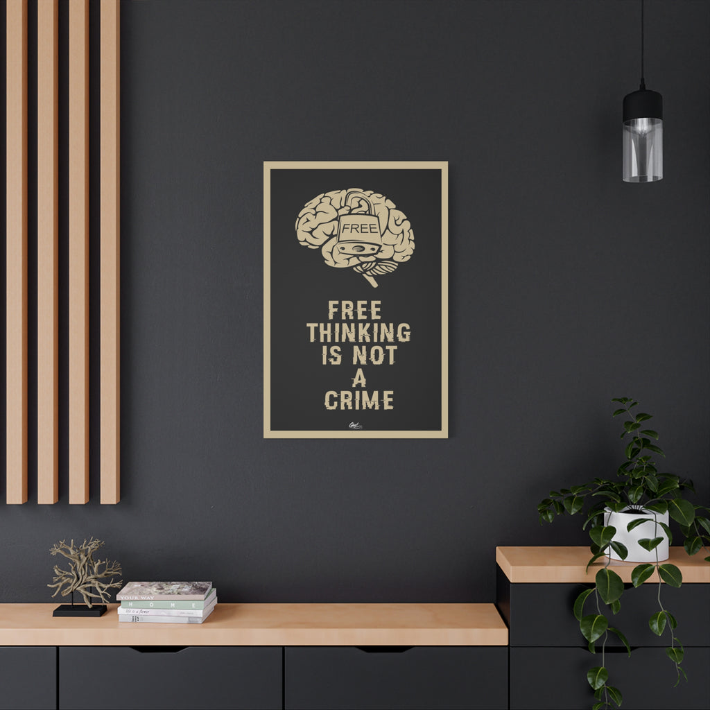 Free Thinking Is Not a Crime large canvas on a charcoal wall over an oak shelf, padlocked brain in beige on charcoal