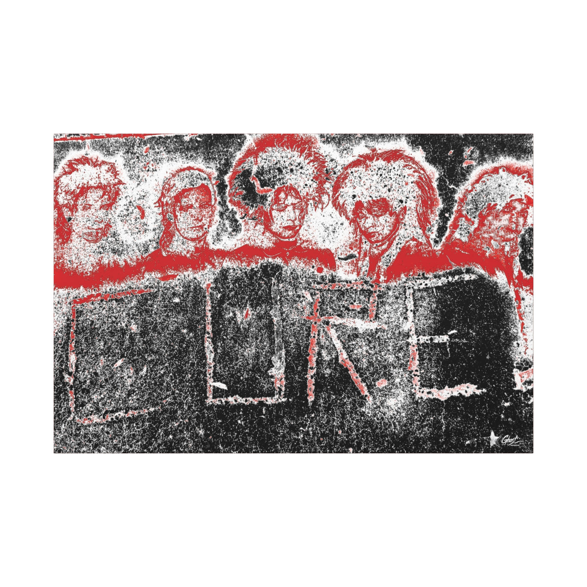 Lowcountry Medicine canvas print, front view: red-outlined faces over engraved lettering in a grungy sidewalk, Charleston SC