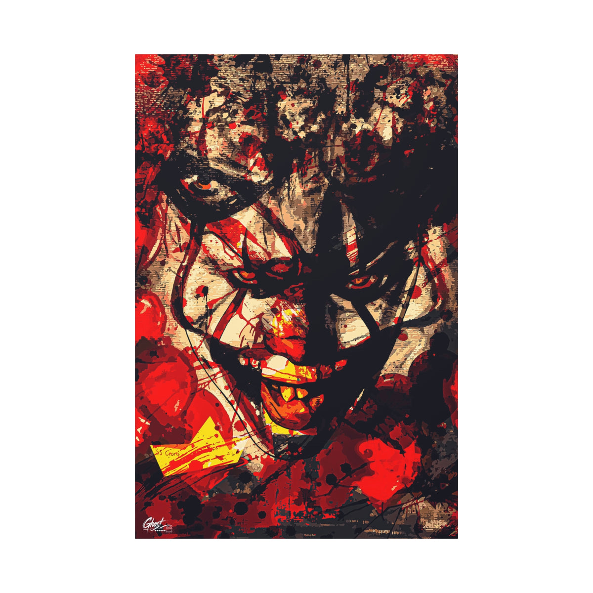 Down in a Drain canvas print, front view: leering clown face in distressed red, black and cream