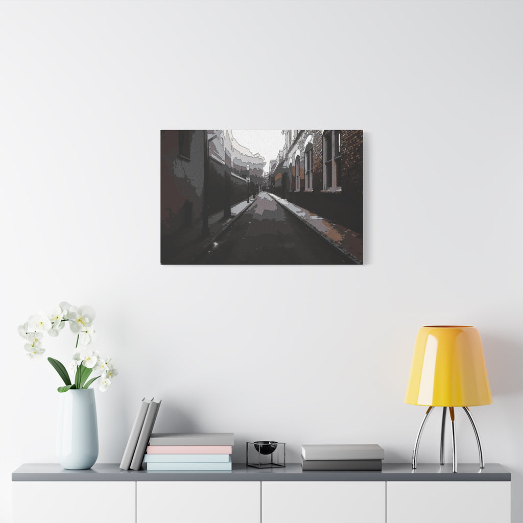 Charleston One Way oversized canvas on a white wall above a console, narrow one-way alley in dark, muted tones