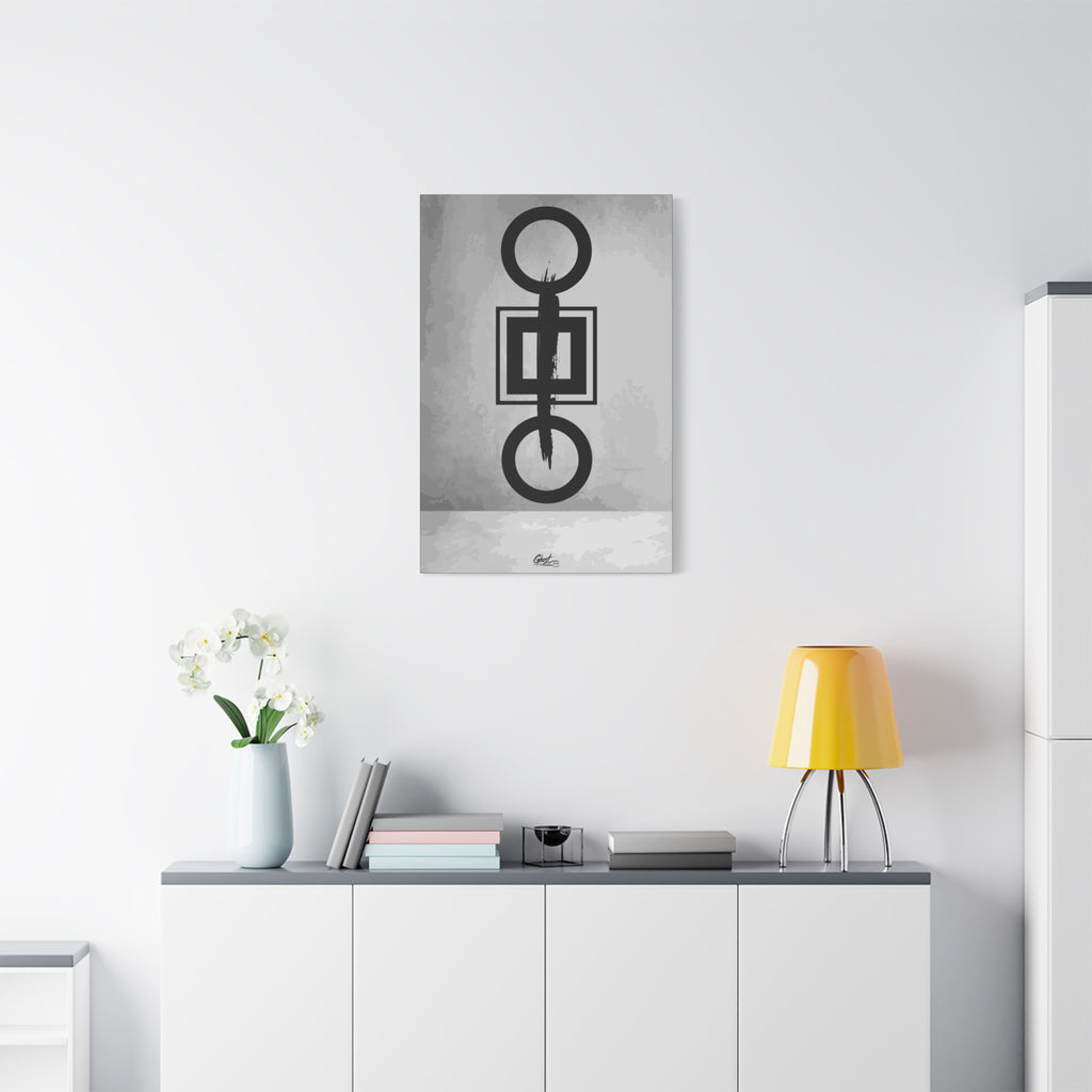 Down is Up small canvas above a white sideboard and yellow lamp, circles and squares crossed by a bold black brushstroke