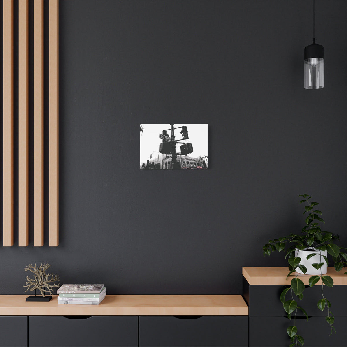 King St small canvas on a charcoal wall over an oak shelf, King Street sign and traffic lights in vintage black and white