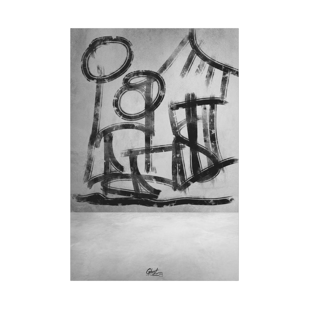 The Question canvas print, front view: hand-brushed black arcs reading as figures and a horizon