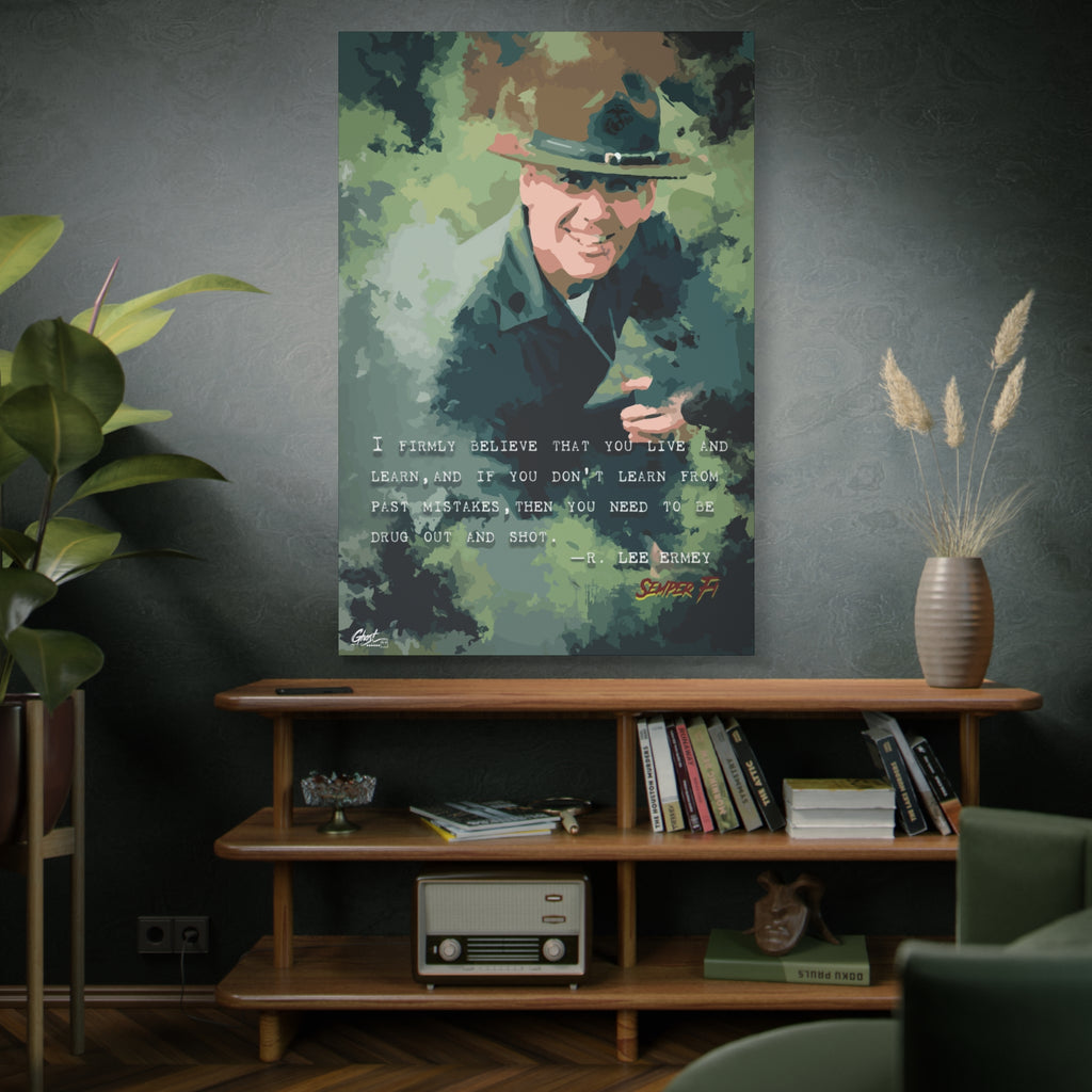 Live and Learn oversized canvas on a green-gray wall over bookshelves, painterly drill instructor portrait in camo greens