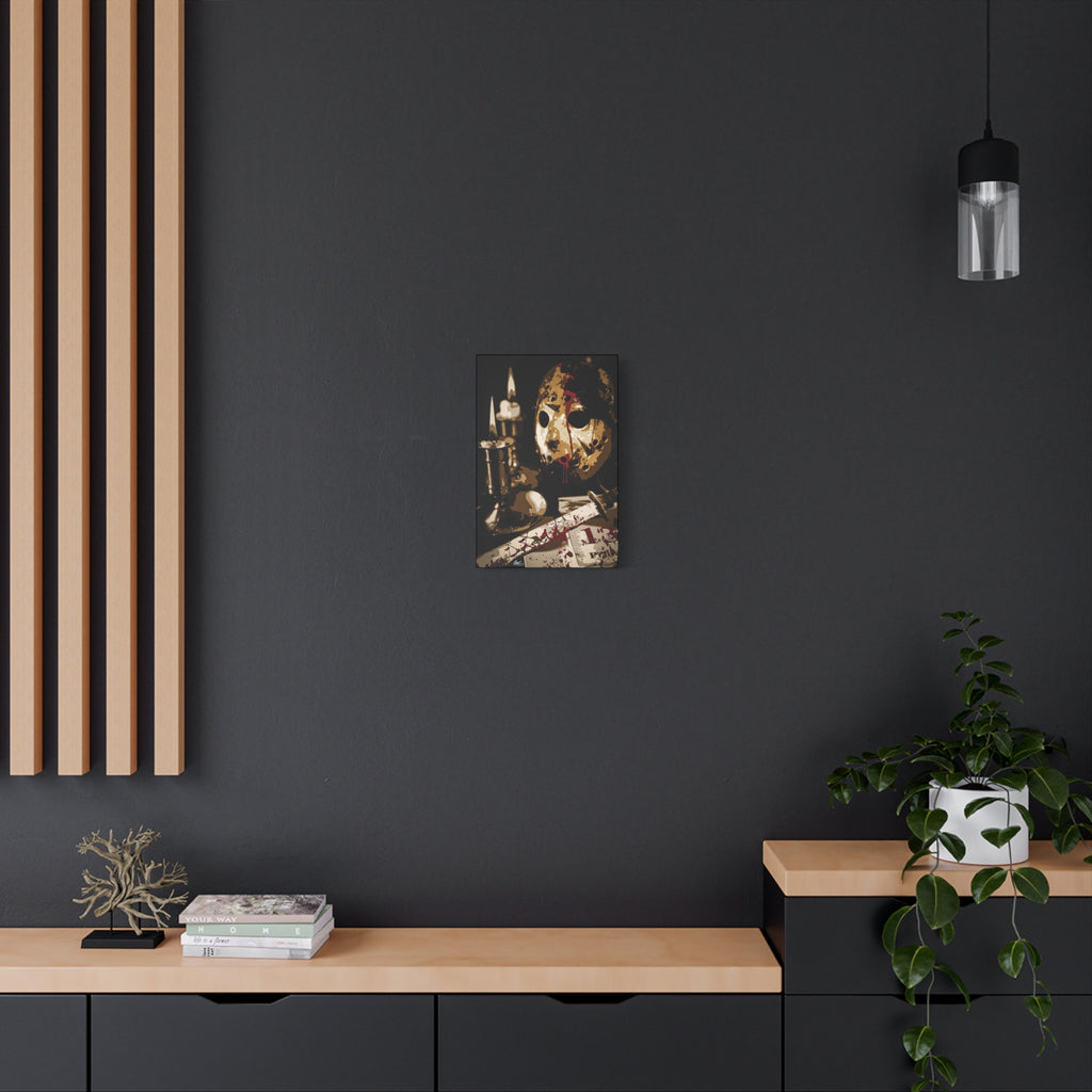 Off the Clock small canvas on a charcoal wall by wood slats, bloodied hockey mask beside lit candles and a machete