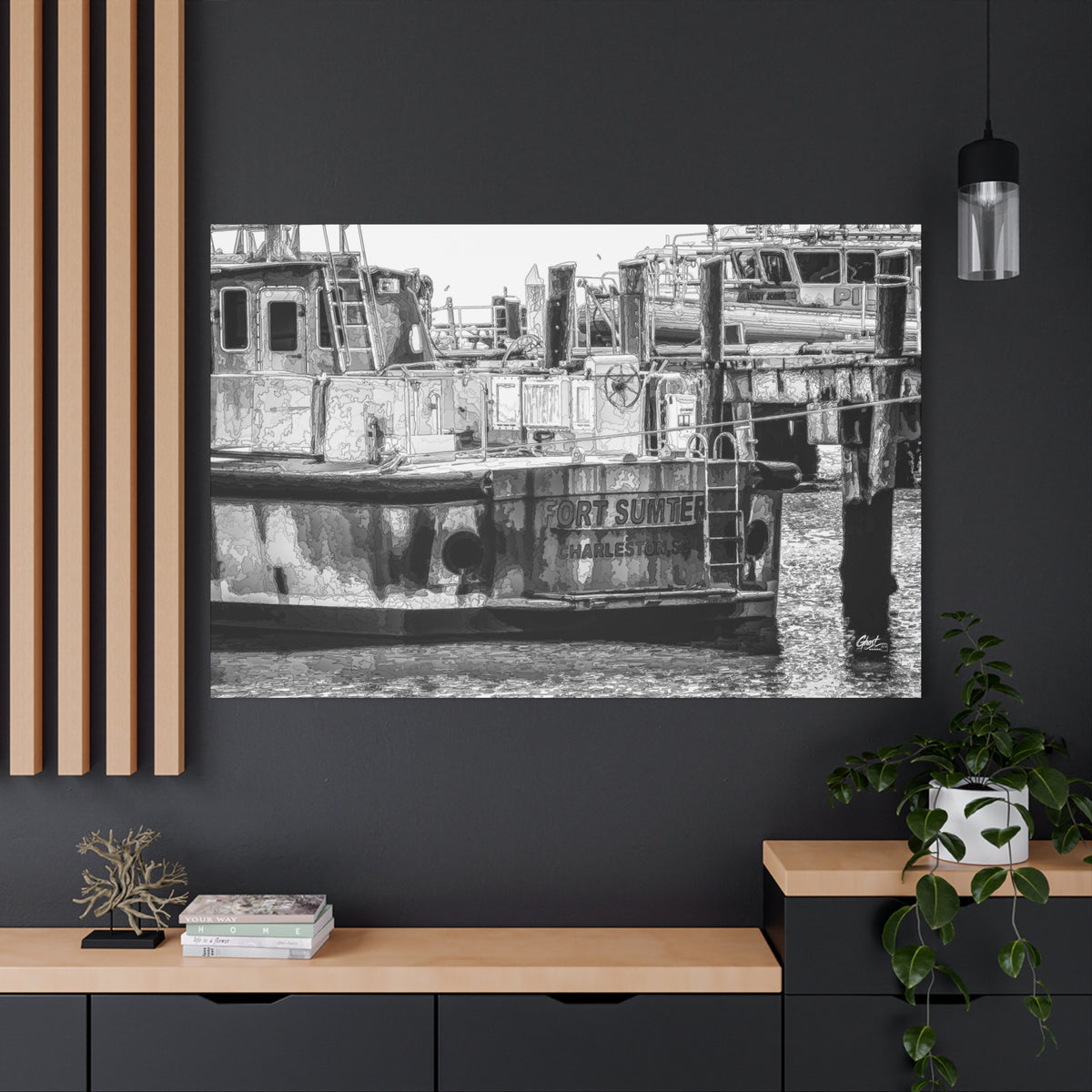 Fort Sumter Original canvas on a charcoal wall by wood slats, black-and-white, pen-drawn Fort Sumter tour boat at the dock