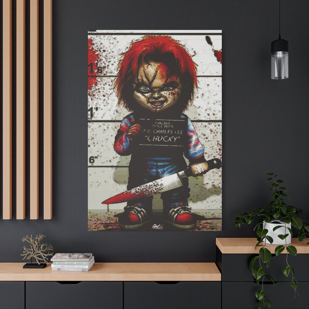 Best Friends Forever oversized canvas on a charcoal wall by wood slats, red-haired doll with a booking placard and bloodied knife