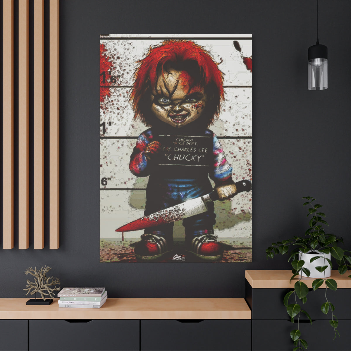 Best Friends Forever oversized canvas on a charcoal wall by wood slats, red-haired doll with a booking placard and bloodied knife
