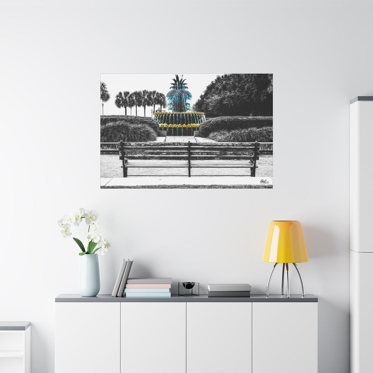 The Pineapple of Peace large canvas on a white wall over a sideboard, Southern hospitality pineapple in soft grays and greens