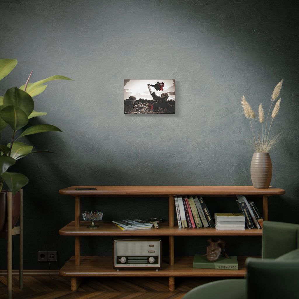 War Peace small canvas above a wooden bookshelf, soldier raising red roses above the trenches