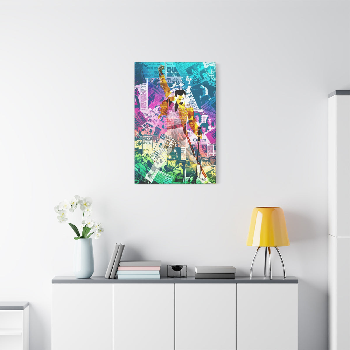 The Showman small canvas above a white sideboard and yellow lamp, figure in a yellow jacket, fist raised, over newspaper collage