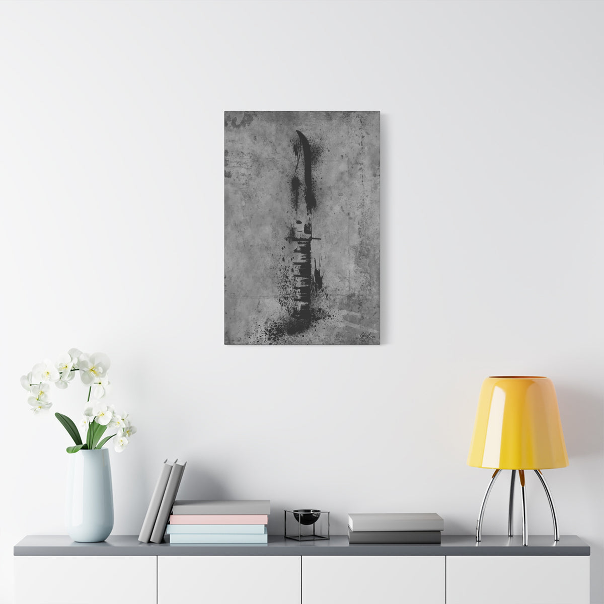 Marines BFF large canvas on a white wall above a console, clip-point knife silhouette in gritty black and gray