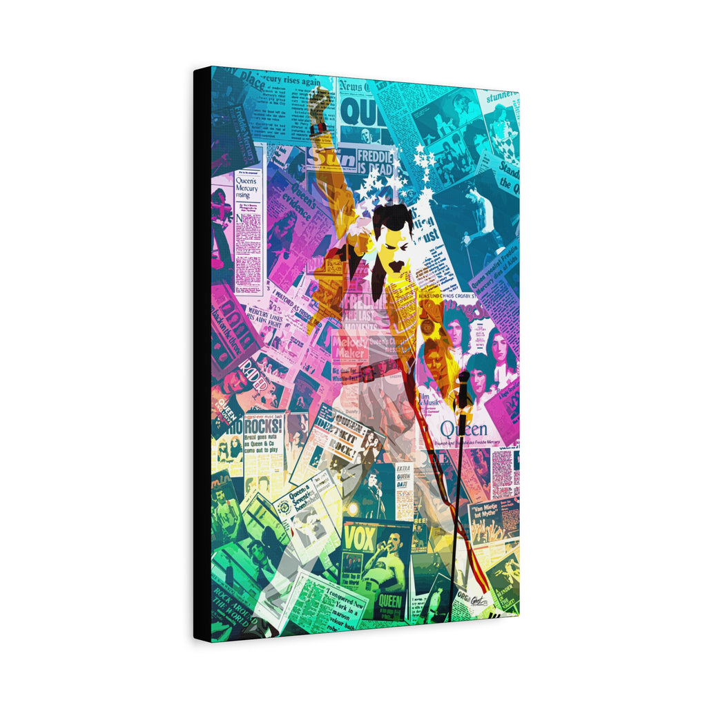 The Showman canvas, angled view of the gallery-wrapped edge: figure in a yellow jacket, fist raised, over newspaper collage