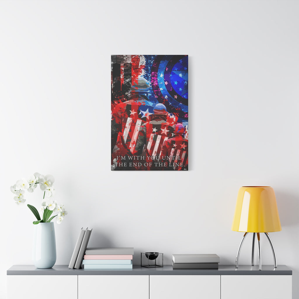 9/11 Never Forget large canvas on a white wall above a console, patriotic tribute in red, white, blue and smoke gray