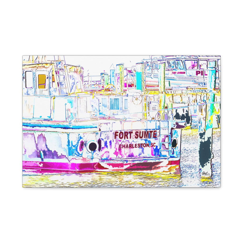 Fort Sumter Retro canvas print, front view: retro neon-tinted, pen-drawn Fort Sumter tour boat, Charleston SC