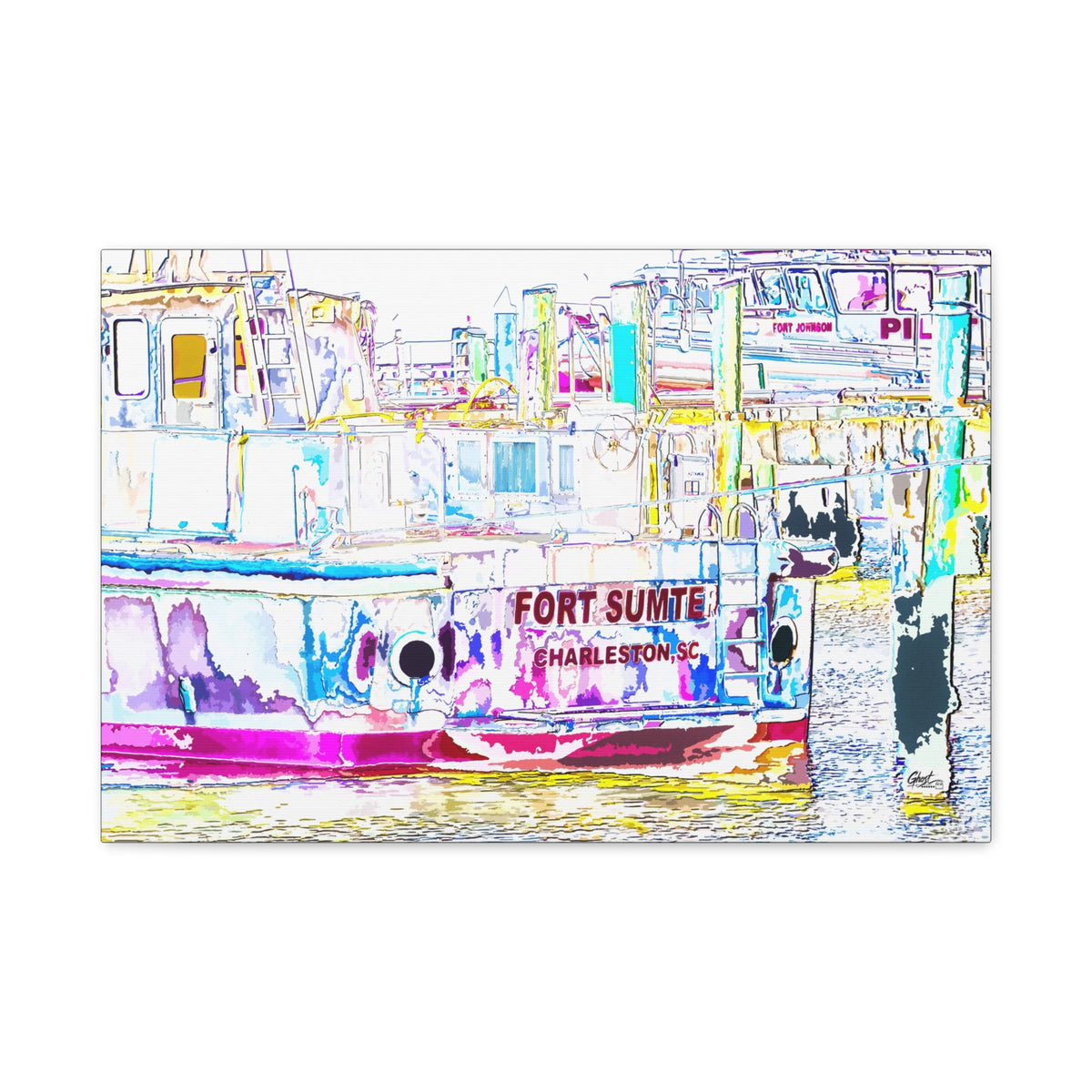 Fort Sumter Retro canvas print, front view: retro neon-tinted, pen-drawn Fort Sumter tour boat, Charleston SC