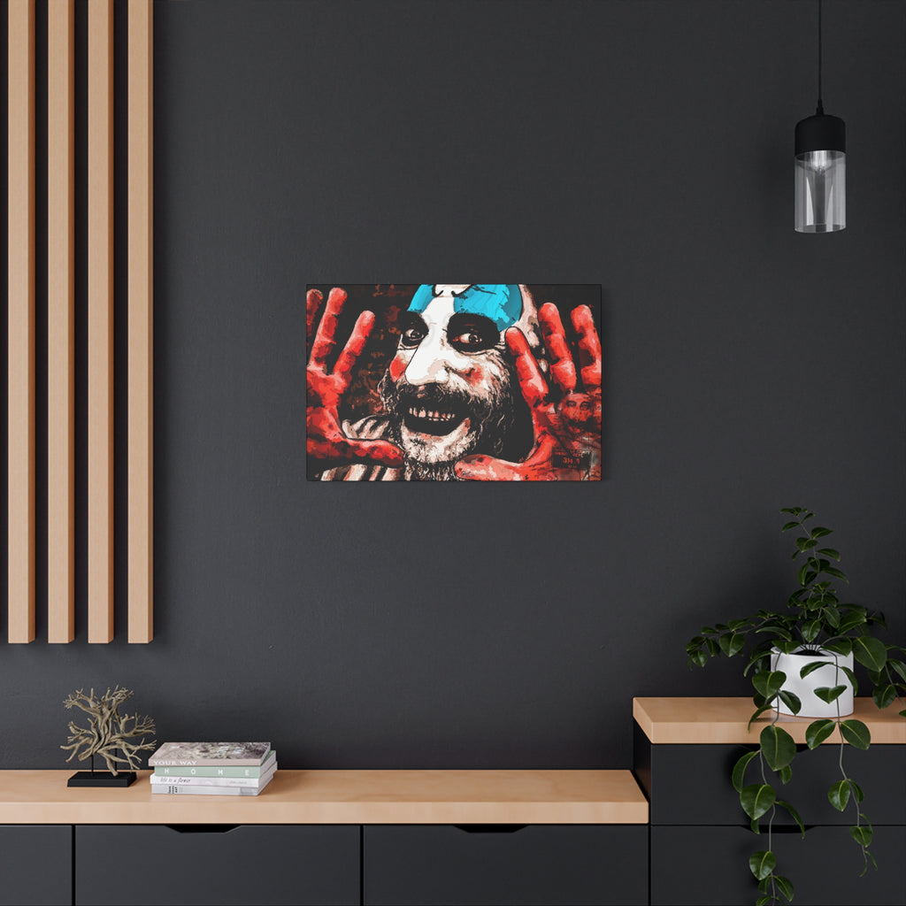 Don't Turn Your Back medium canvas on a charcoal wall by wood slats, high-contrast red and white clown portrait