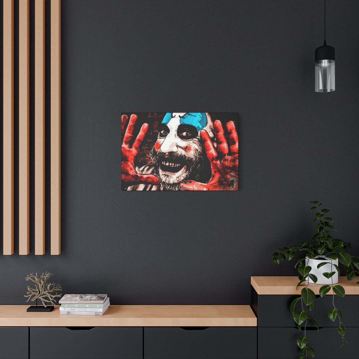 Don't Turn Your Back medium canvas on a charcoal wall by wood slats, high-contrast red and white clown portrait