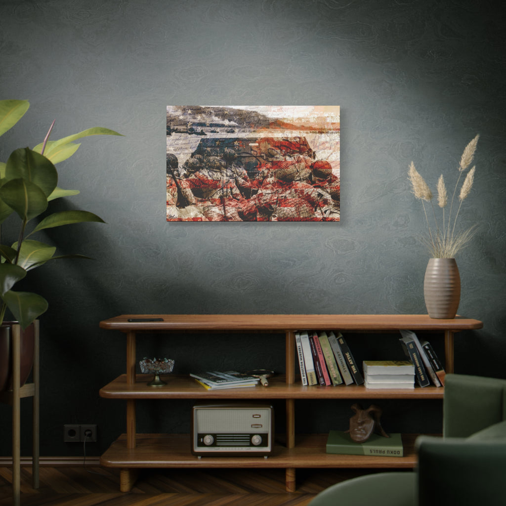 D-Day 75th Anniversary large canvas above a wooden bookshelf, soldiers in a landing craft layered with stars and stripes