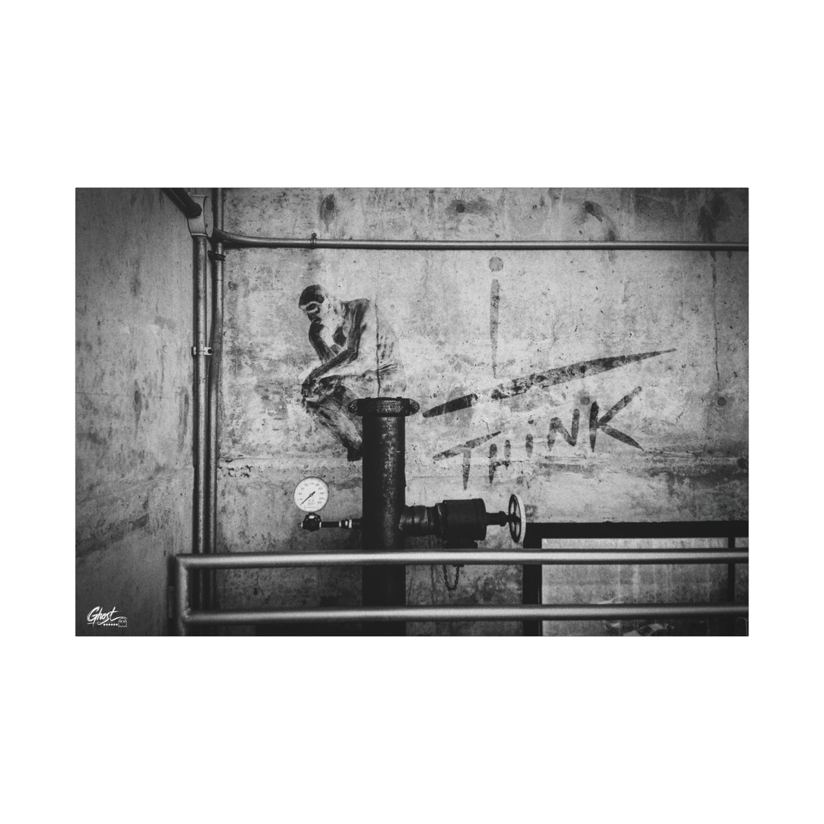 I Overthink canvas print, front view: stenciled THINK with pipes and gauges on concrete, black and white, Charleston SC