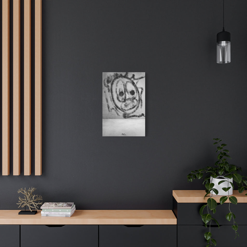 Thinking Out Loud medium canvas on a charcoal wall by wood slats, black-and-white abstract face with blurred edges