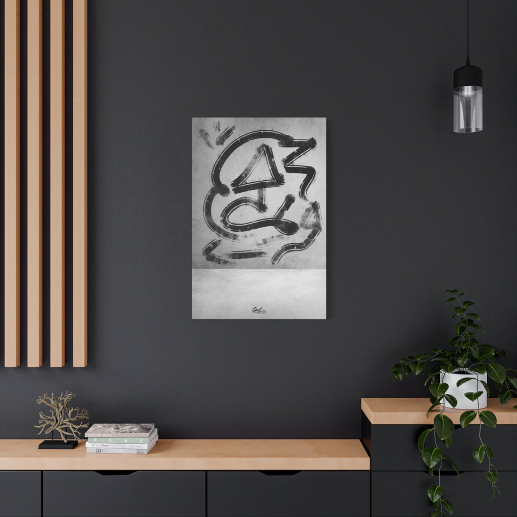 All Nature canvas on a charcoal wall over an oak shelf, energetic black-and-white abstract strokes