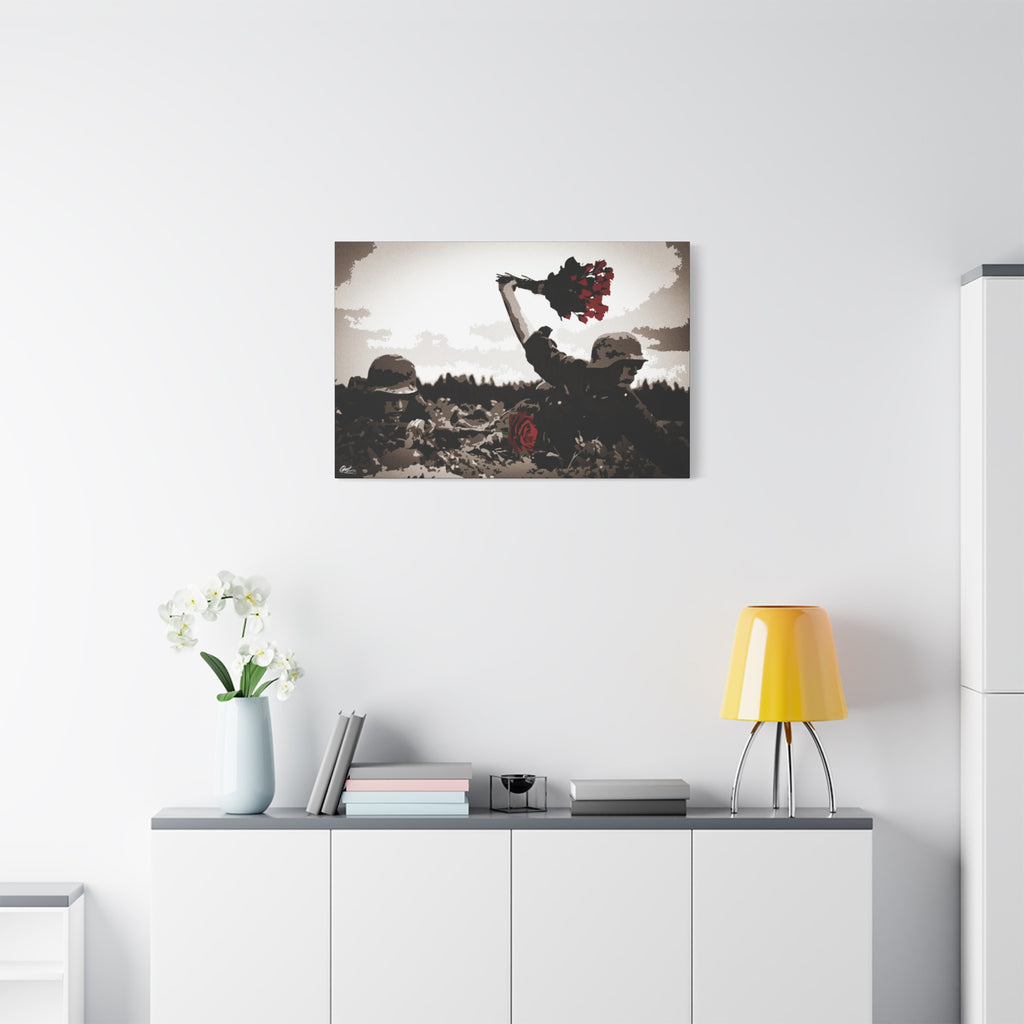 War Peace medium canvas above a white sideboard and yellow lamp, soldier raising red roses above the trenches