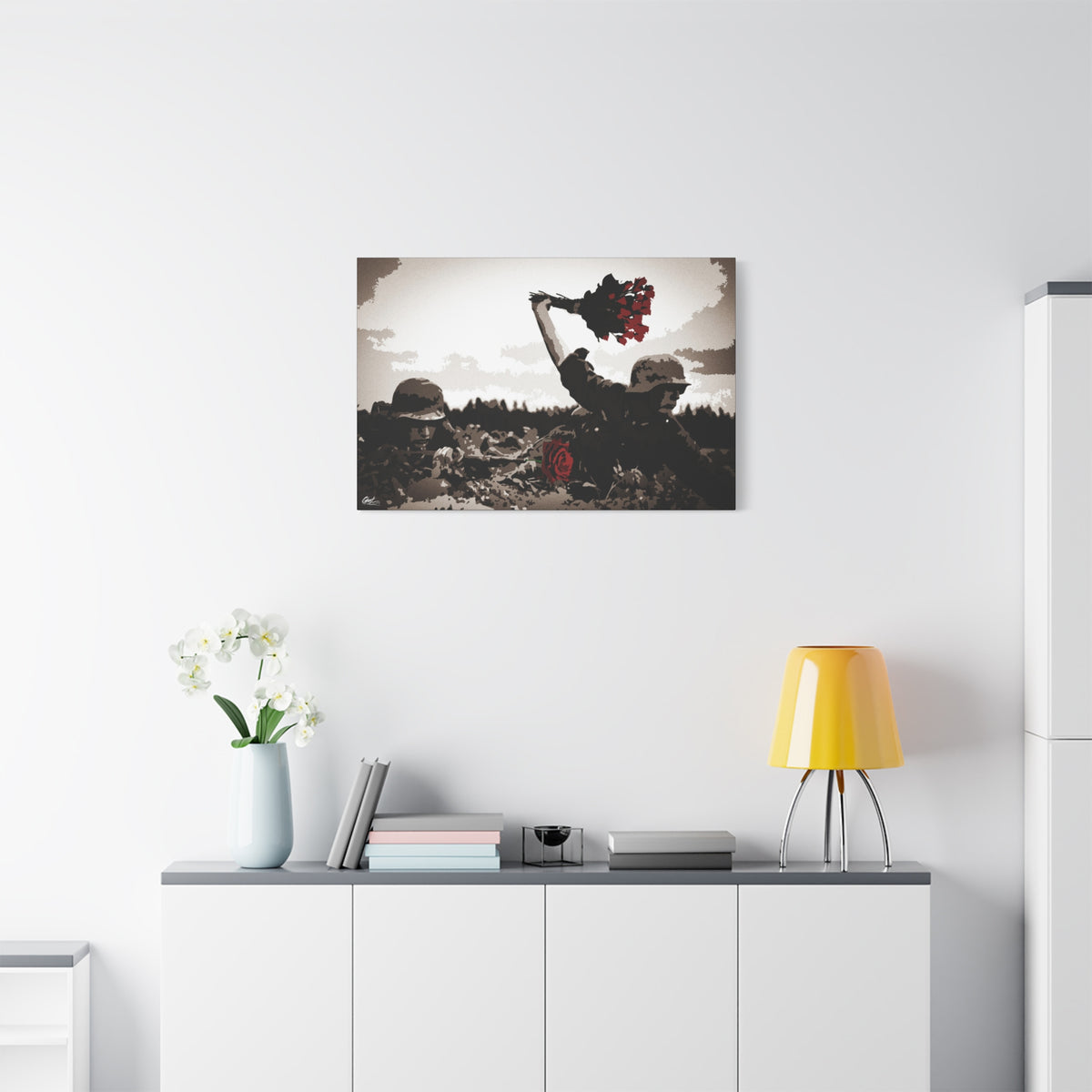 War Peace medium canvas above a white sideboard and yellow lamp, soldier raising red roses above the trenches