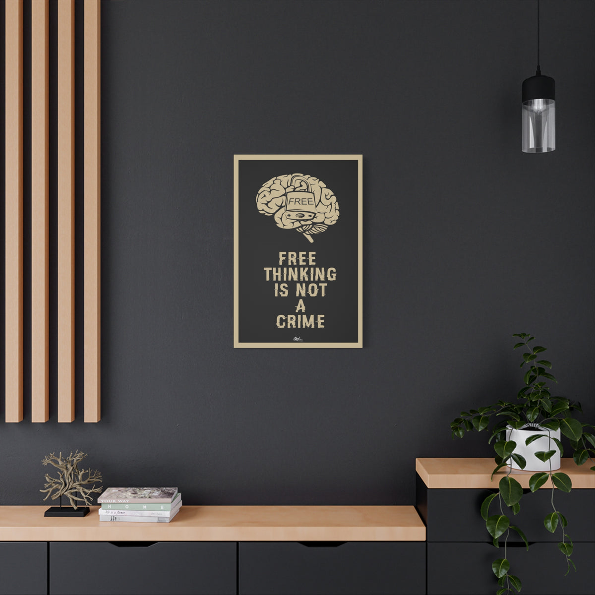 Free Thinking Is Not a Crime medium canvas on a charcoal wall by wood slats, padlocked brain in beige on charcoal