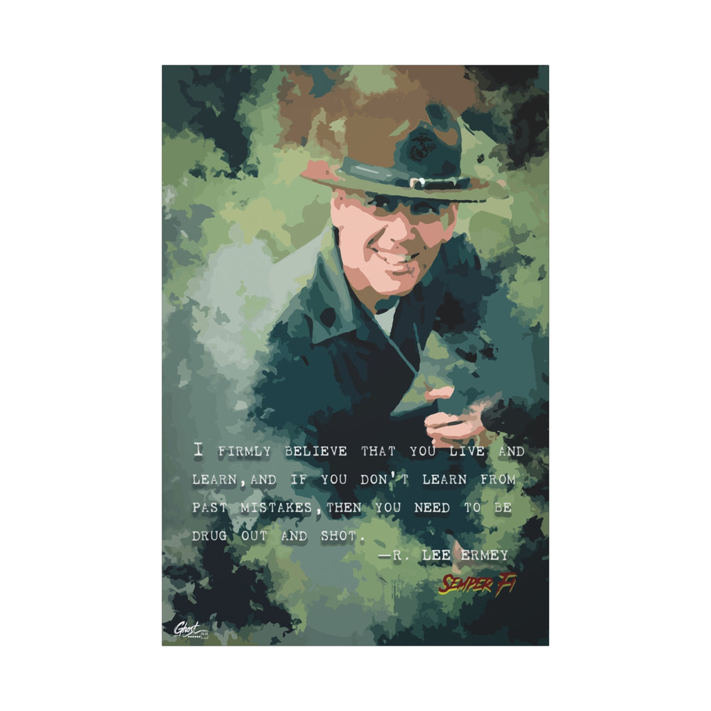 Live and Learn canvas print, front view: grinning drill instructor in olive and forest green