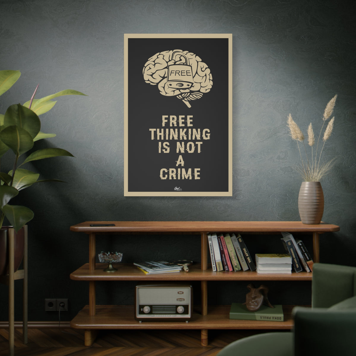 Free Thinking Is Not a Crime canvas above a wooden bookshelf, locked brain with a padlock stamped Free, beige on charcoal