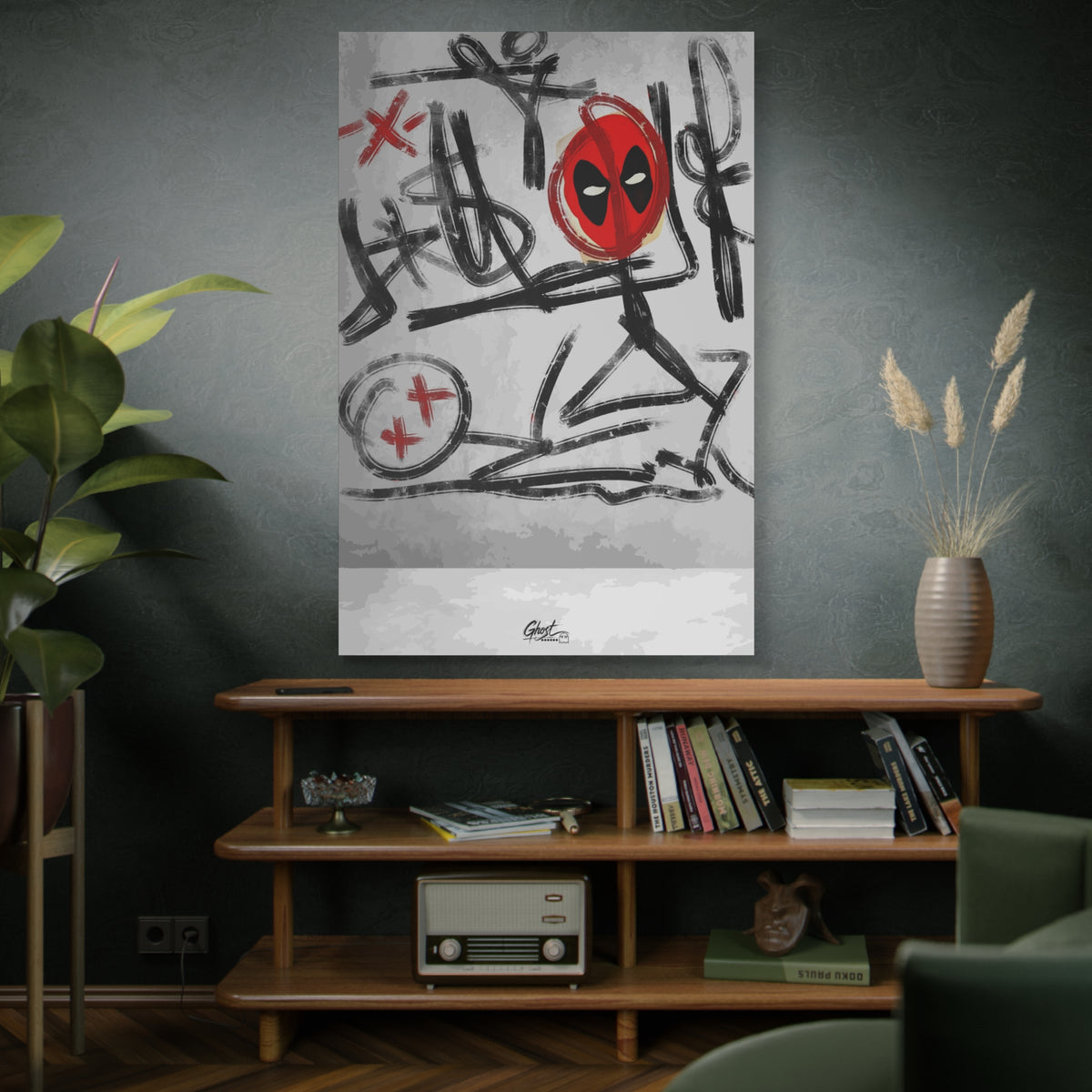 X'd Out oversized canvas on a green-gray wall over bookshelves, gritty black-and-white strokes with red accents