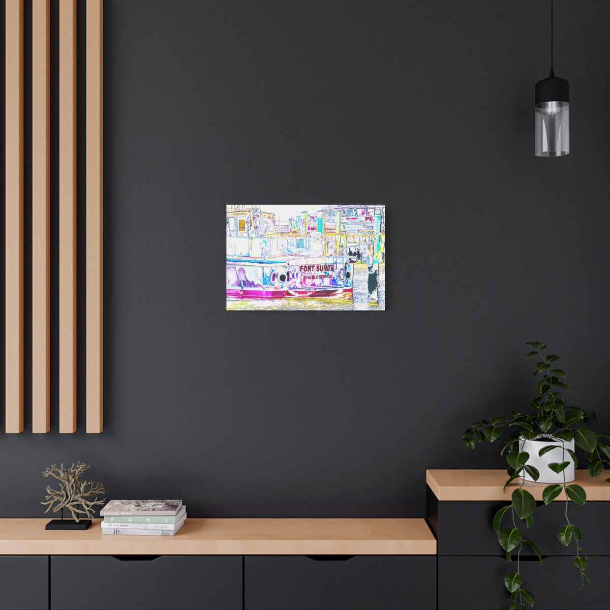 Fort Sumter Retro medium canvas on a charcoal wall by wood slats, harbor boat in bright retro pinks, blues and yellows