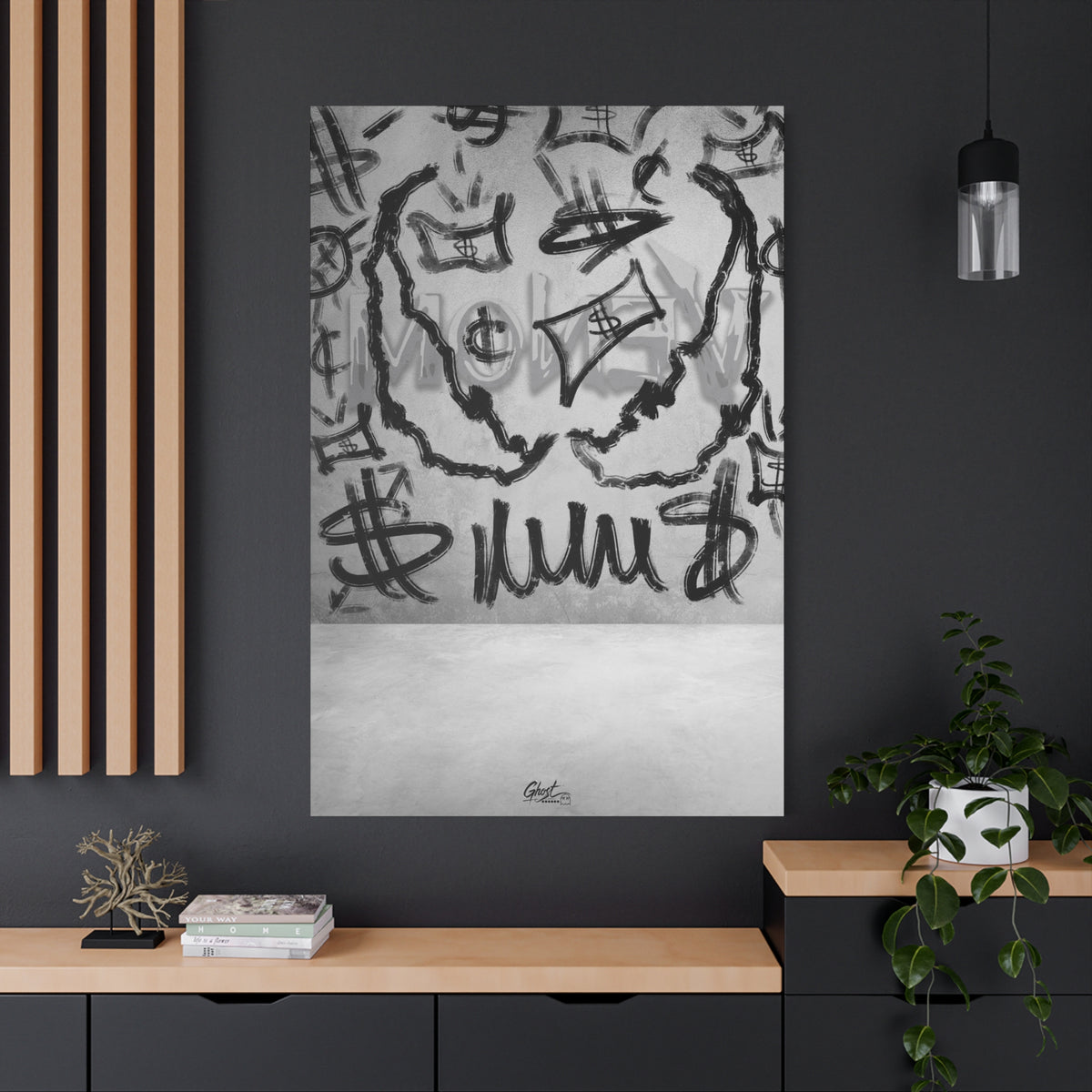 We Are Money oversized canvas on a charcoal wall over an oak shelf, black-and-white urban abstract brushwork