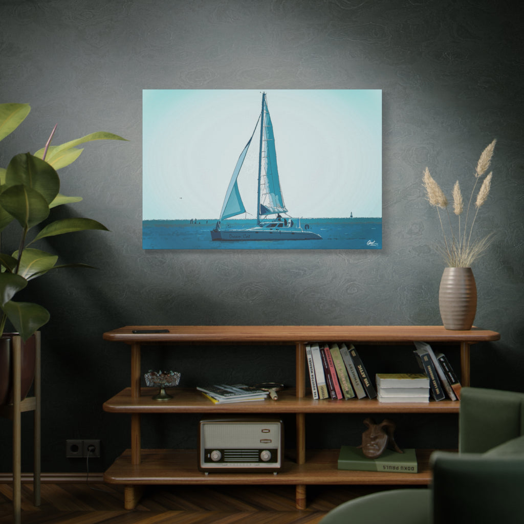 Freedom Sailing large canvas on a green-gray wall over bookshelves, painterly teal seascape with a single sailboat
