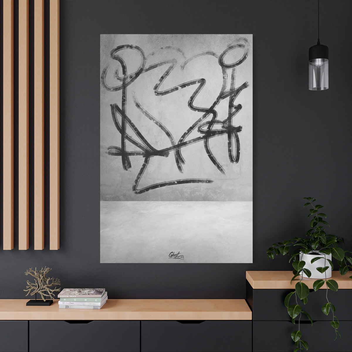 Heartbreak oversized canvas on a charcoal wall over an oak shelf, minimal black-and-white abstract line art