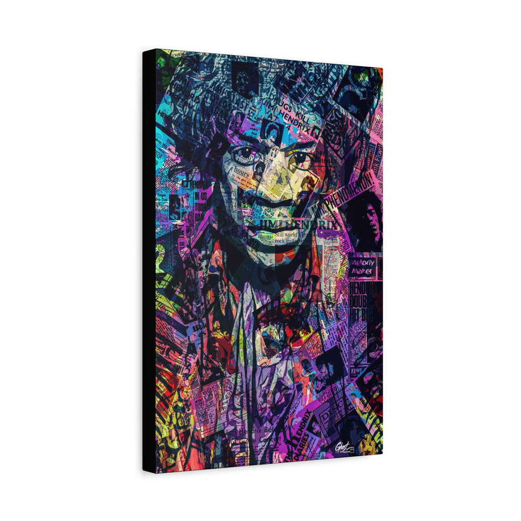 Purple Voodoo canvas, angled view of the gallery-wrapped edge: haloed face in a blue, purple and pink newspaper collage