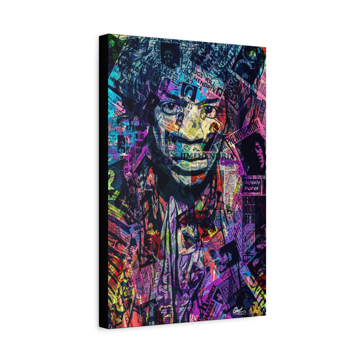 Purple Voodoo canvas, angled view of the gallery-wrapped edge: haloed face in a blue, purple and pink newspaper collage