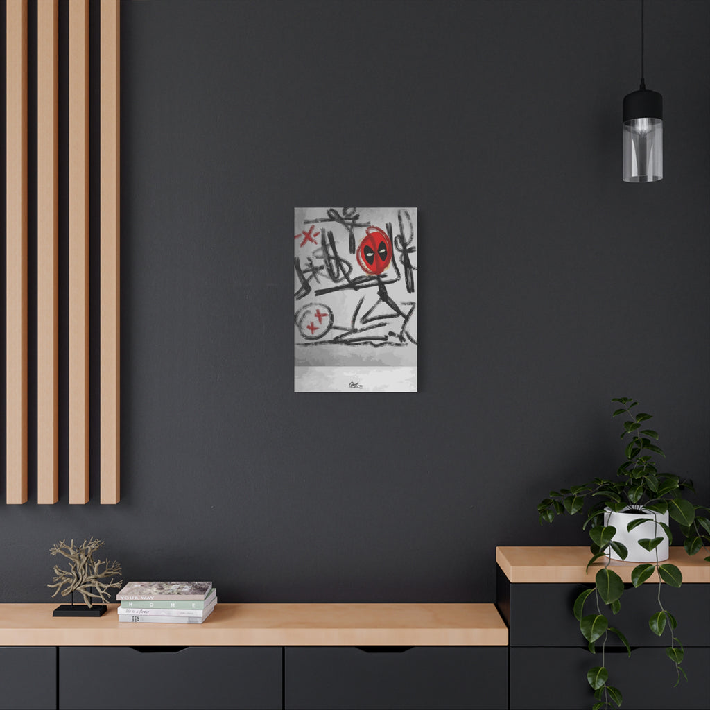 X'd Out medium canvas on a charcoal wall by wood slats, gritty black-and-white strokes with red accents