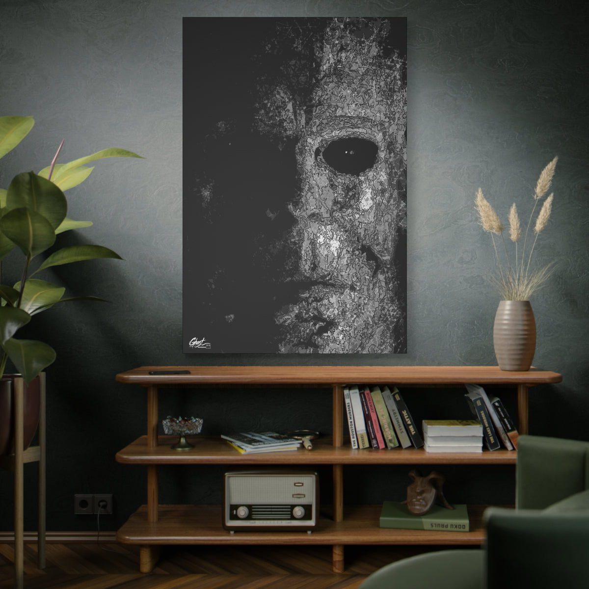Mr. Myers large canvas above a wooden bookshelf, scratchy pen-and-ink mask emerging from darkness