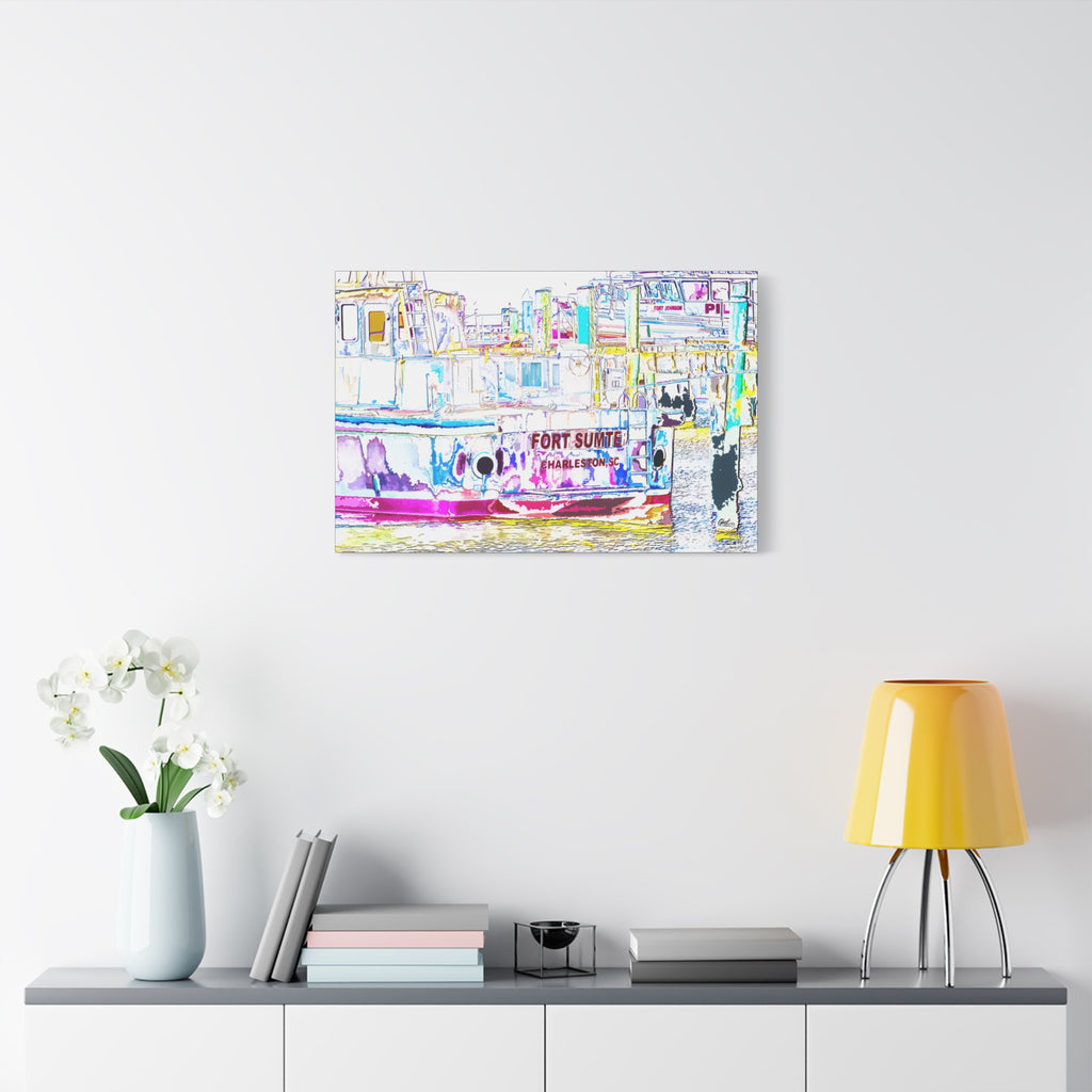 Fort Sumter Retro large canvas on a white wall above a console, harbor boat in bright retro pinks, blues and yellows