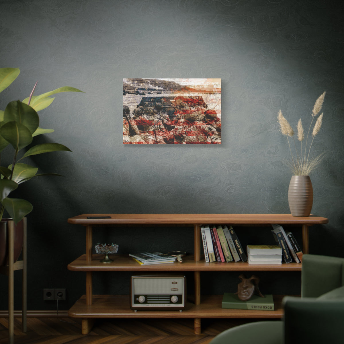 D-Day 75th Anniversary medium canvas on a green-gray wall over bookshelves, D-Day landing craft tribute