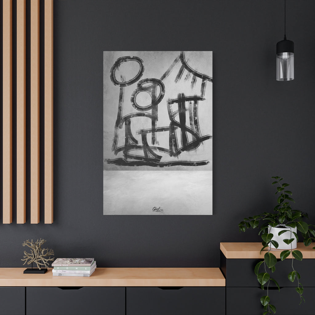 The Question large canvas on a charcoal wall by wood slats, hand-brushed black arcs reading as figures and a horizon