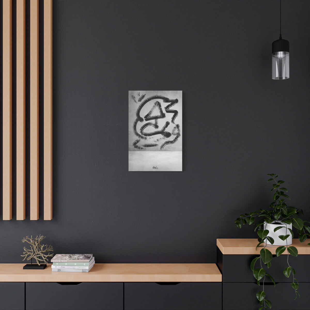 All Nature medium canvas on a charcoal wall over an oak shelf, sweeping black gestural brushstrokes on a light ground