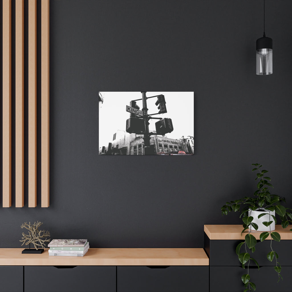 King St medium canvas on a charcoal wall over an oak shelf, black-and-white King Street signals and the Riviera Theatre