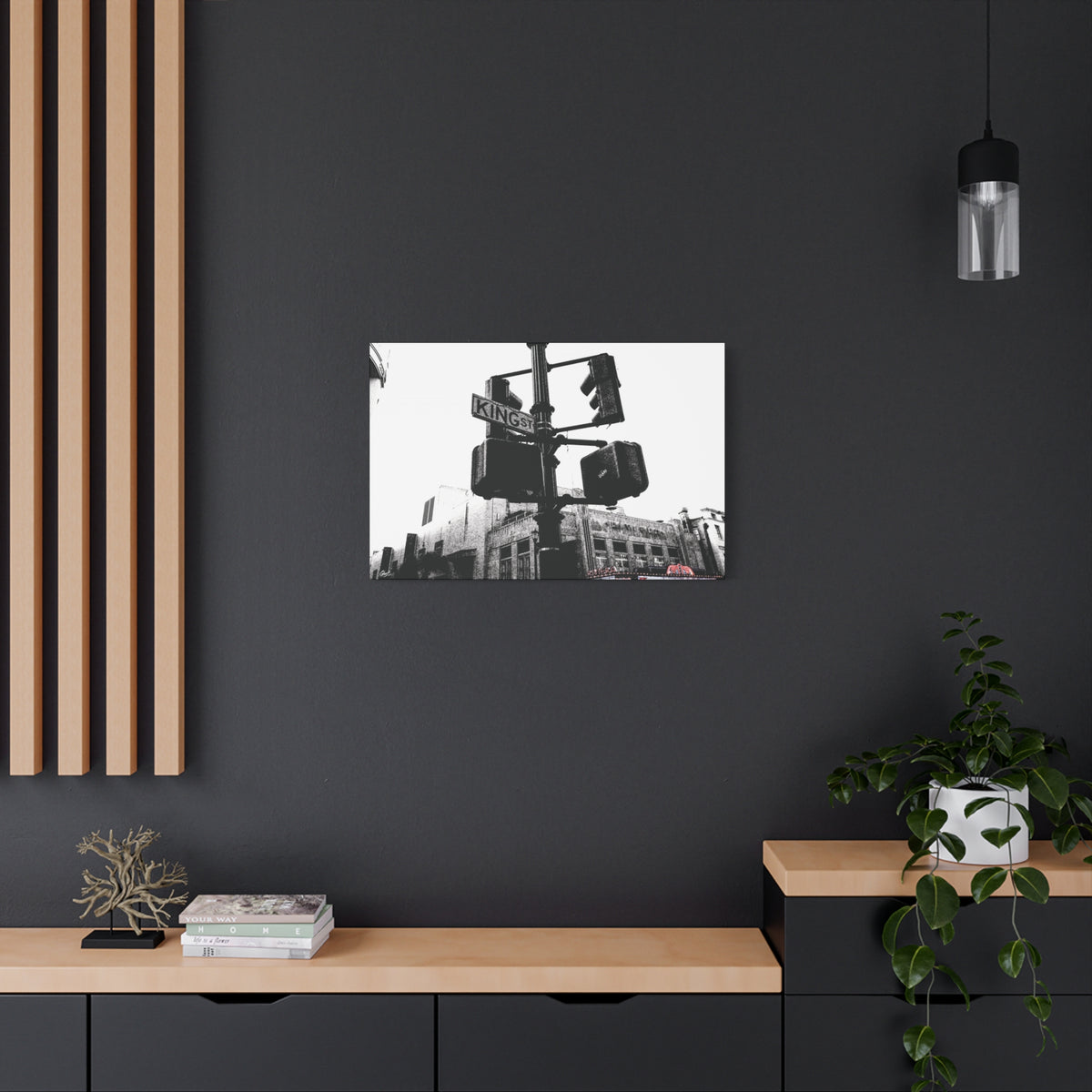 King St medium canvas on a charcoal wall over an oak shelf, black-and-white King Street signals and the Riviera Theatre