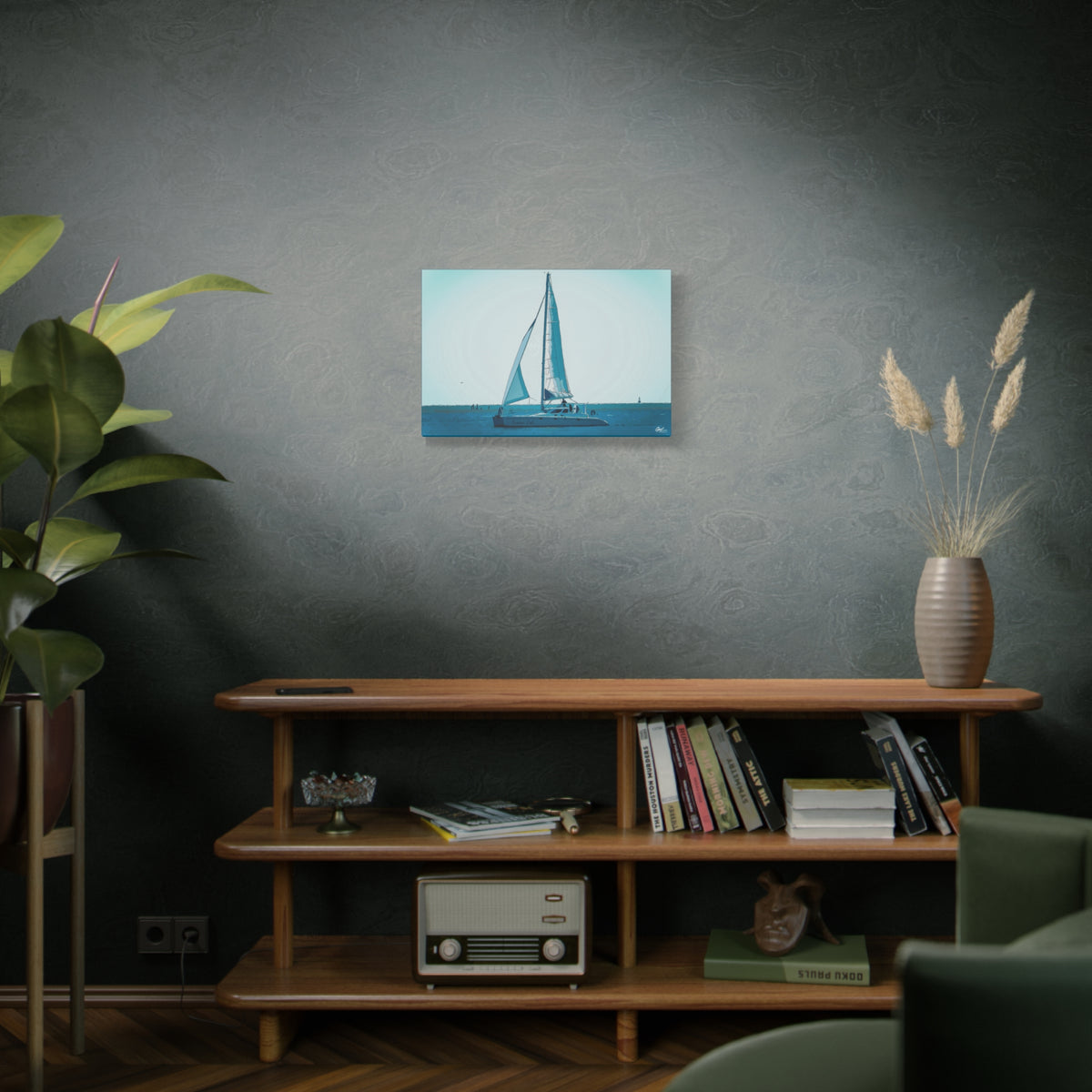 Freedom Sailing small canvas above a wooden bookshelf, painterly teal seascape with a single sailboat