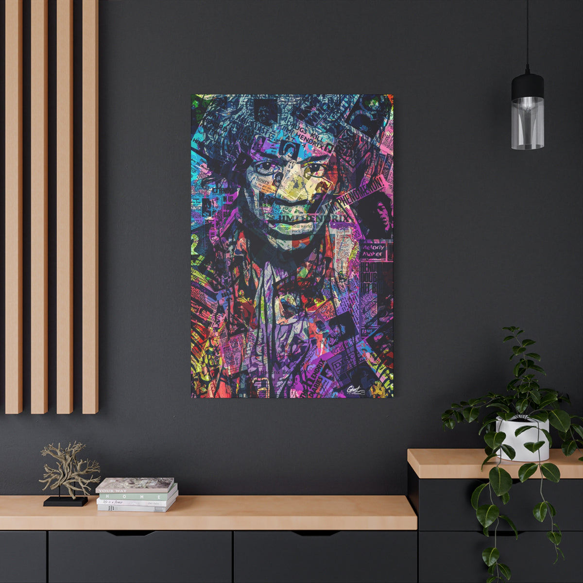 Purple Voodoo large canvas on a charcoal wall by wood slats, haloed face in a blue, purple and pink newspaper collage