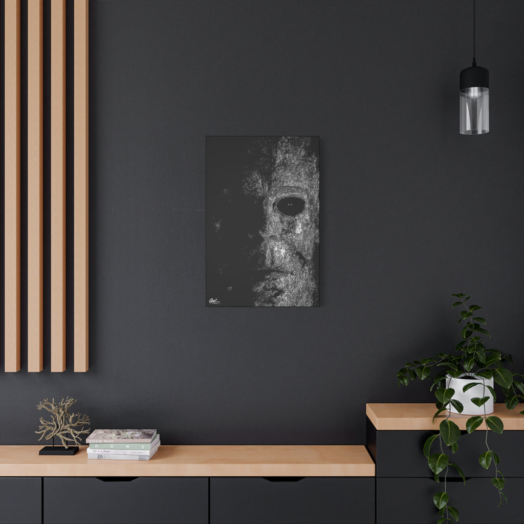 Stalk at Night small canvas on a charcoal wall over an oak shelf, pale mask in black-and-white pen sketch, half in shadow